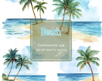 Clipart de playa en acuarela: Palmeras, escena costera (Descarga digital JPG)