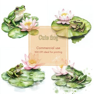 10 Frog Lily Pad Clipart2, Lotus Pond Clipart, Peaceful Amphibian Clipart, Printable Watercolor, High-Quality JPGs, Papercraft, Junk Journal