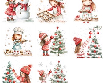 May include: Watercolor illustrations of children enjoying winter and Christmas activities. Scenes include building a snowman, baking cookies, and decorating a Christmas tree with red ornaments. The artwork has a whimsical, festive feel.