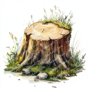9 Tree Stump Clipart, Mossy Forest Clipart, Printable Watercolor clipart, High Quality JPGs, Digital download, Paper craft, junk journals