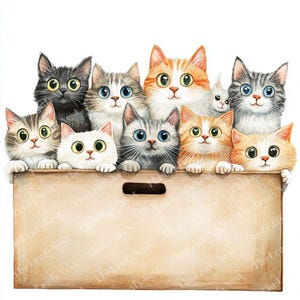 Puede incluir: Ilustración en acuarela de once adorables gatos de varios colores y patrones, asomándose por el borde de una caja de cartón. Los gatos tienen ojos grandes y miran al espectador. La caja tiene un asa recortada.