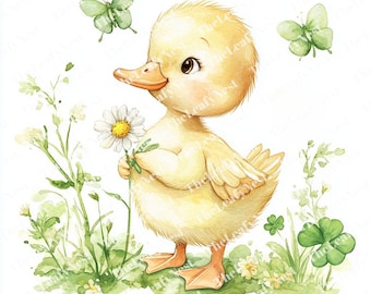 9 Baby Duck Clipart, Daisy Duck Clipart, Nature Animal Clipart, Printable Watercolor, High-Quality JPGs, Papercraft, Junk Journal