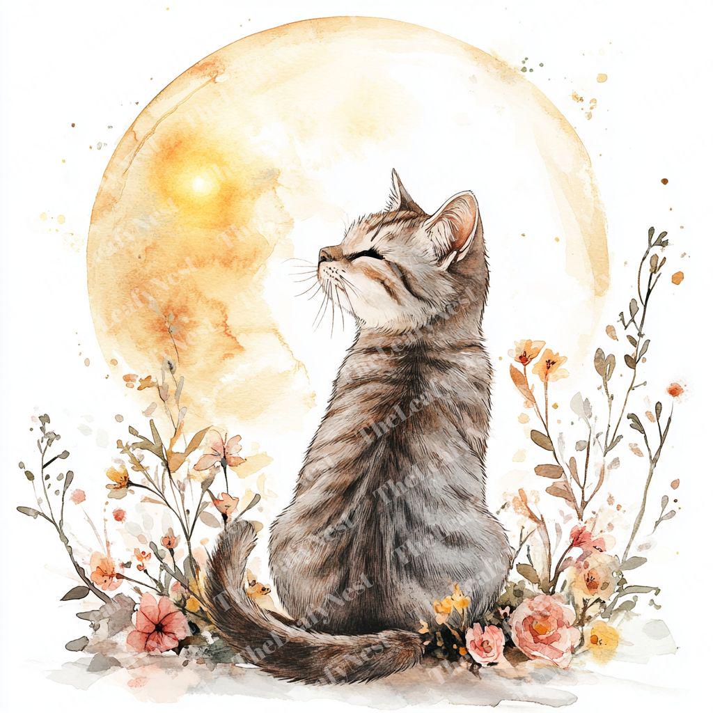 水彩画の月猫のクリップアート：花の天体アート（JPG デジタル