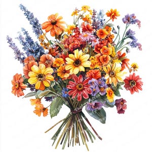 Bouquet frais, clipart fleur, clipart aquarelle imprimable, fichiers JPG et PNG de haute qualité, téléchargement numérique, créations en papier, journaux indésirables
