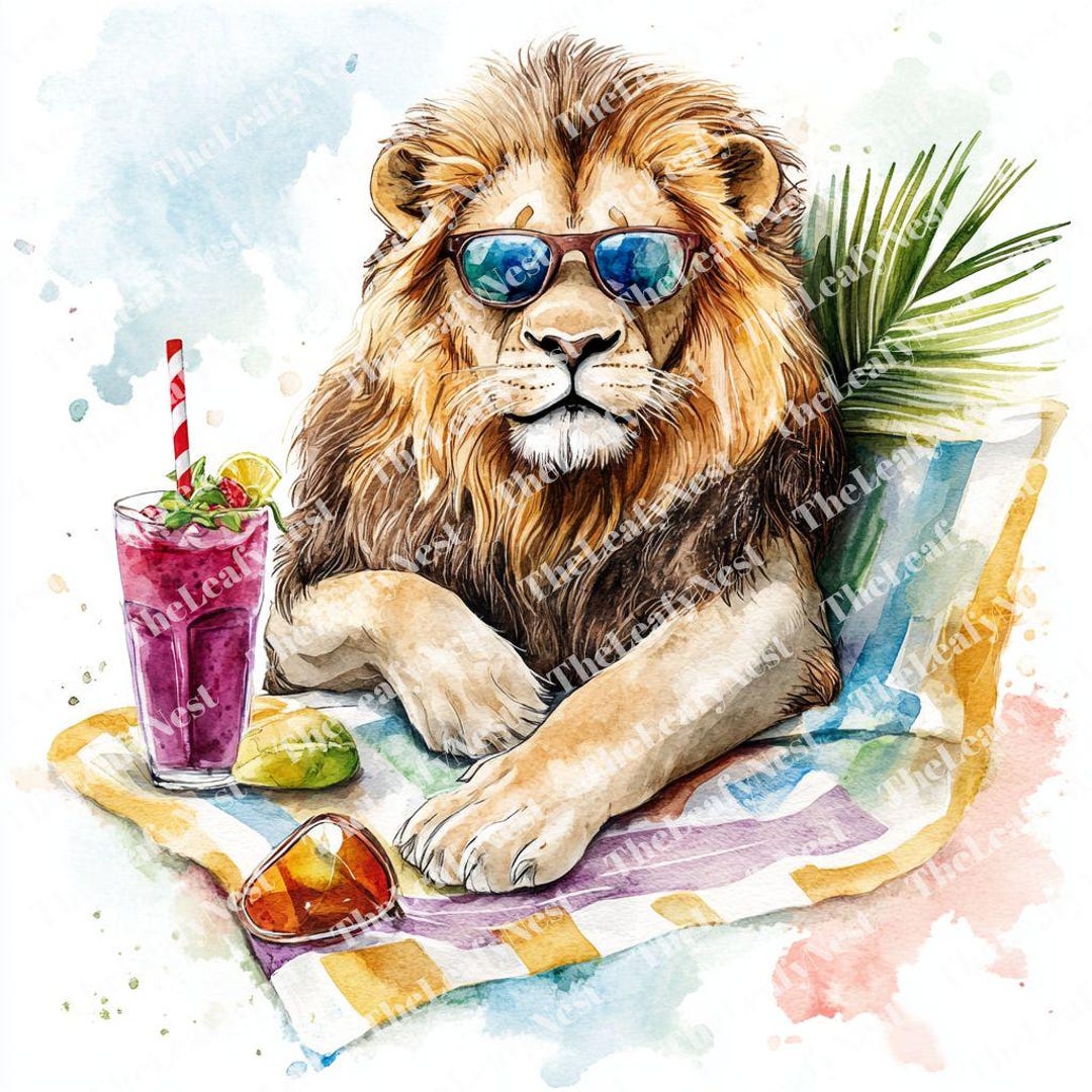 7 Lion Chilling on the Beach With Sunglasses, Printable Watercolor