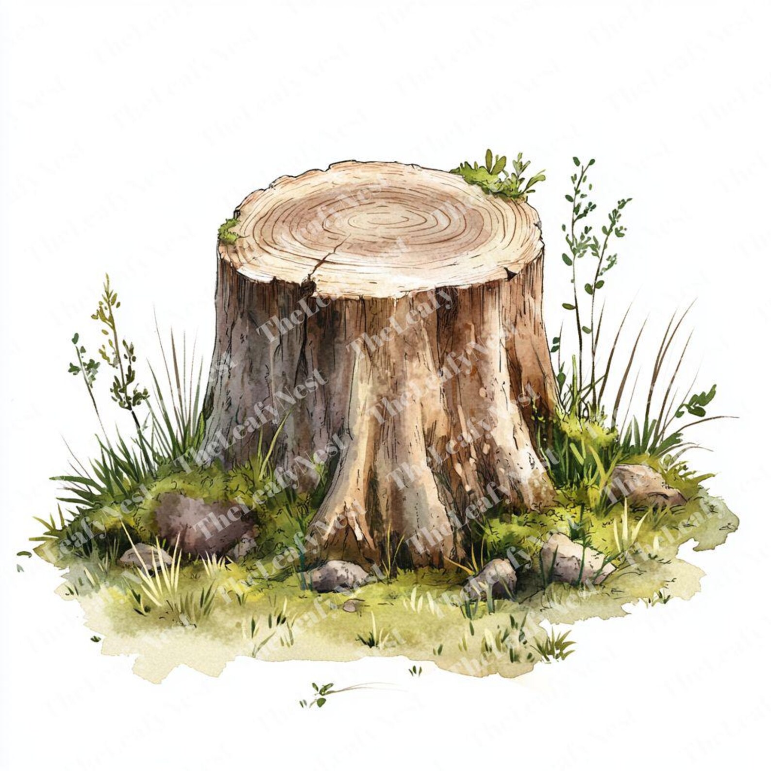 Tree Stump Printable Color 10 Tree Stump Clipart, Mossy Forest Clipart, Printable Watercolor ...
