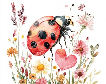 12 Ladybug Clipart, Heart Bug Clipart, Flower Insect Clipart, Printable Watercolor, High-Quality JPGs, Papercraft, Junk Journal