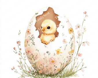 7 Watercolor Baby Chick Clipart, Yellow Chick in Floral Egg, Spring Clipart for Easter Crafts, Cards, Scrapbooking, PNG JPG