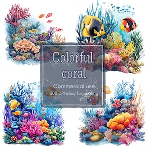14 Coral Reef Clipart, Tropical Fish and Sea Plants Clipart, Printable Watercolor Clipart, High Quality JPGs, PNG, Digital Download, Journal