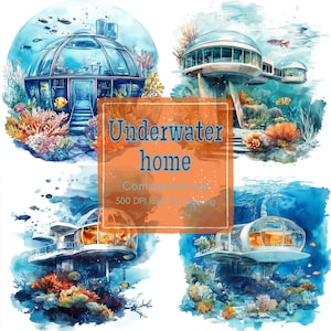 15 Underwater Home Clipart, Futuristic Ocean Clipart, Coral Habitat Clipart, Printable Watercolor, High-Quality JPG&PNG, Papercraft, Journal