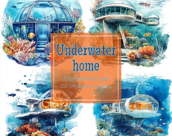 Underwater Home Clipart: Futuristic Coral Reef (JPG & PNG Digital Download)