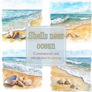 11 Serene Beach Clipart, Watercolor Shoreline with Waves and Seashells, Printable Clipart, High Quality JPGs, Digital Download, Journals