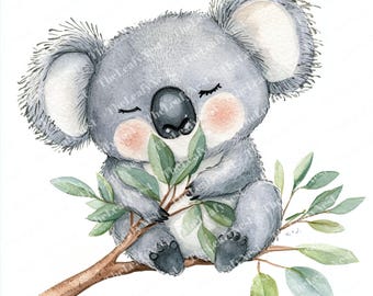 9 koalas sosteniendo una hoja de eucalipto, imágenes prediseñadas de koala, imágenes prediseñadas de acuarela imprimibles, JPG de alta calidad, descarga digital, manualidades de papel