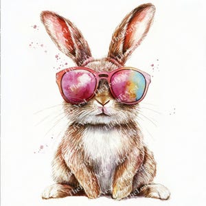 May include: Watercolor illustration of a brown rabbit wearing pink sunglasses. The rabbit has long ears and is sitting upright. The sunglasses have colorful lenses. The image has a whimsical and artistic style.
