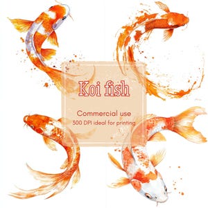 5 Koi Fish Clipart, Orange White Fish Clipart, Water Ripple Fish Clipart, Printable Watercolor, High-Quality JPGs, Papercraft, Junk Journal