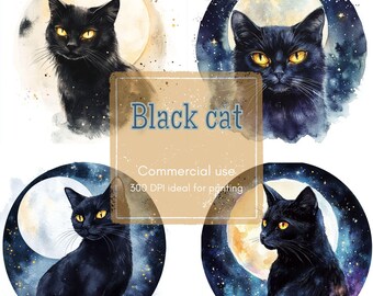 Moonlit Black Cat Clipart: Watercolor Celestial Art (JPG & PNG Digital Download)