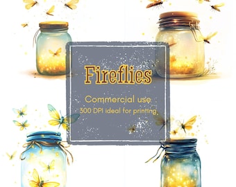 14 Fireflies Clipart, Fireflies Escaping Jar Clipart, Printable Watercolor Clipart, High Quality JPGs & PNG, Digital Download, Junk Journal