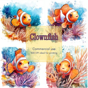 12 Clownfish Clipart, Sea Anemone Clipart, Ocean Animal Clipart, Printable Watercolor, High-Quality JPGs & PNGs, Papercraft, Junk Journal