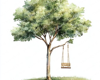 12 Tree with Swing Clipart, Tall Watercolor Tree Clipart, Printable Watercolor Clipart, High Quality JPGs, Digital Download, Junk Journals