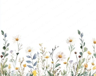 May include: A watercolour illustration of a wildflower border. The design features daisies, yellow flowers, and green leaves and stems against a white background. The artwork has a soft, natural aesthetic, suitable for floral-themed projects.