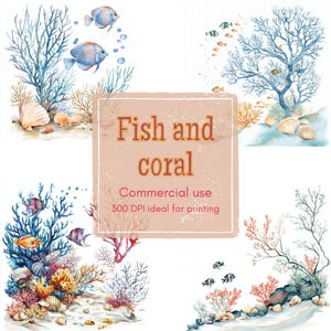 9 Underwater Scene Clipart, Coral Reef with Fish and Shells, Printable Watercolor Clipart, High Quality JPGs, Digital Download, Junk Journal