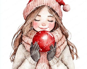 May include: Watercolor illustration of a girl wearing a red and pink winter hat, scarf, and gloves, holding a red ornament. The girl has long brown hair and is smiling with her eyes closed. The image has a soft, warm color palette.