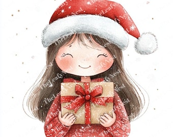 13 imágenes prediseñadas de niña navideña, imágenes prediseñadas navideñas en acuarela, estilo festivo acogedor, descarga digital, diario basura