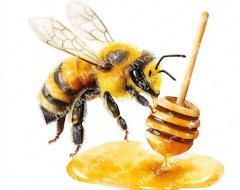 17 Honey Bee Clipart, Bee with Honey Clipart, Bumblebee Clipart, Printable Watercolor, High-Quality JPGs, Papercraft, Junk Journal