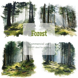 12 Forest Light Clipart, Mossy Ground Clipart, Tree Silhouette Clipart, Printable Watercolor, High-Quality JPG&PNG, Papercraft, Junk Journal