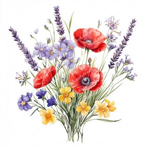 12 Wild Flowers bouquet, Flower clipart, printable Watercolor clipart, High Quality JPGs and PNGs, Digital download, Paper craft