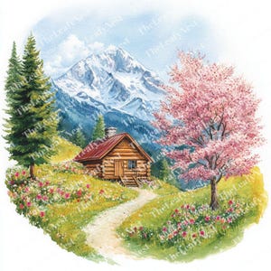 12 Mountain Cabin Clipart, Spring Trees and Valley Clipart, Printable Watercolor Clipart, High Quality JPGs, Digital Download, Junk Journals