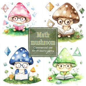 May include: Watercolor illustration featuring four cartoon mushrooms wearing glasses and reading books. Each mushroom has a different colored cap: pink, brown, blue, and green. The image includes geometric shapes and the text "Math mushroom".