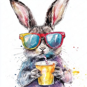 14 coole Kaninchen trinken Limonade mit Sonnenbrille, bedruckbare Aquarell Clipart, hochwertige JPG, digitaler Download, Papiermodell, Sublimation