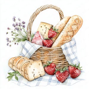 8 Picnic Basket with Strawberries Clipart, Printable Watercolor Clipart, High-Quality JPG, Digital Download, Papercraft, Junk Journal