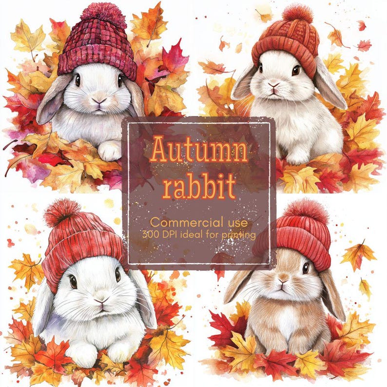 Watercolor Autumn Bunny Clipart: Holland Lop in Leaves (digital ...