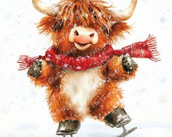 Christmas Highland Cow Clipart, Watercolor Winter Animals (Digital Download)