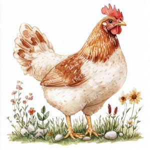9 Chicken Clipart, Farm Hen Standing on Grass Clipart, Printable Watercolor Clipart, High Quality JPGs, Digital Download, Junk Journals