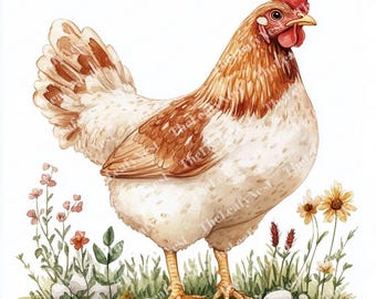 9 Chicken Clipart, Farm Hen Standing on Grass Clipart, Printable Watercolor Clipart, High Quality JPGs, Digital Download, Junk Journals