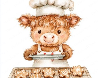 Christmas Highland Cow Watercolor Clipart, Winter Animals (Digital Download)