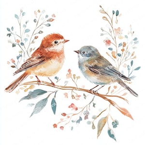 15 Robin and Sparrow Clipart, Birds on Floral Branch, Printable Watercolor Clipart, High Quality JPGs, PNG, Digital Download, Junk Journal