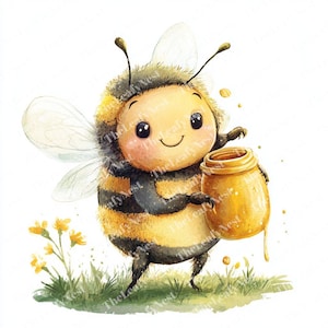 May include: A watercolour illustration of a smiling cartoon bee holding a jar of honey. The bee is yellow and black with large eyes and wings. The jar is golden, and honey drips from it. The image has a whimsical, cheerful feel.