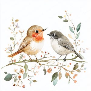 13 Robin and Sparrow Clipart 2, Birds on Floral Branch, Printable Watercolor Clipart, High Quality JPGs, PNG, Digital Download, Junk Journal