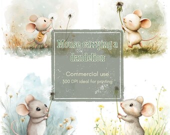 8 Dandelion Mouse Clipart, Walking Mouse Clipart, Pastel Forest Clipart, Printable Watercolor, High-Quality JPGs, Papercraft, Junk Journal