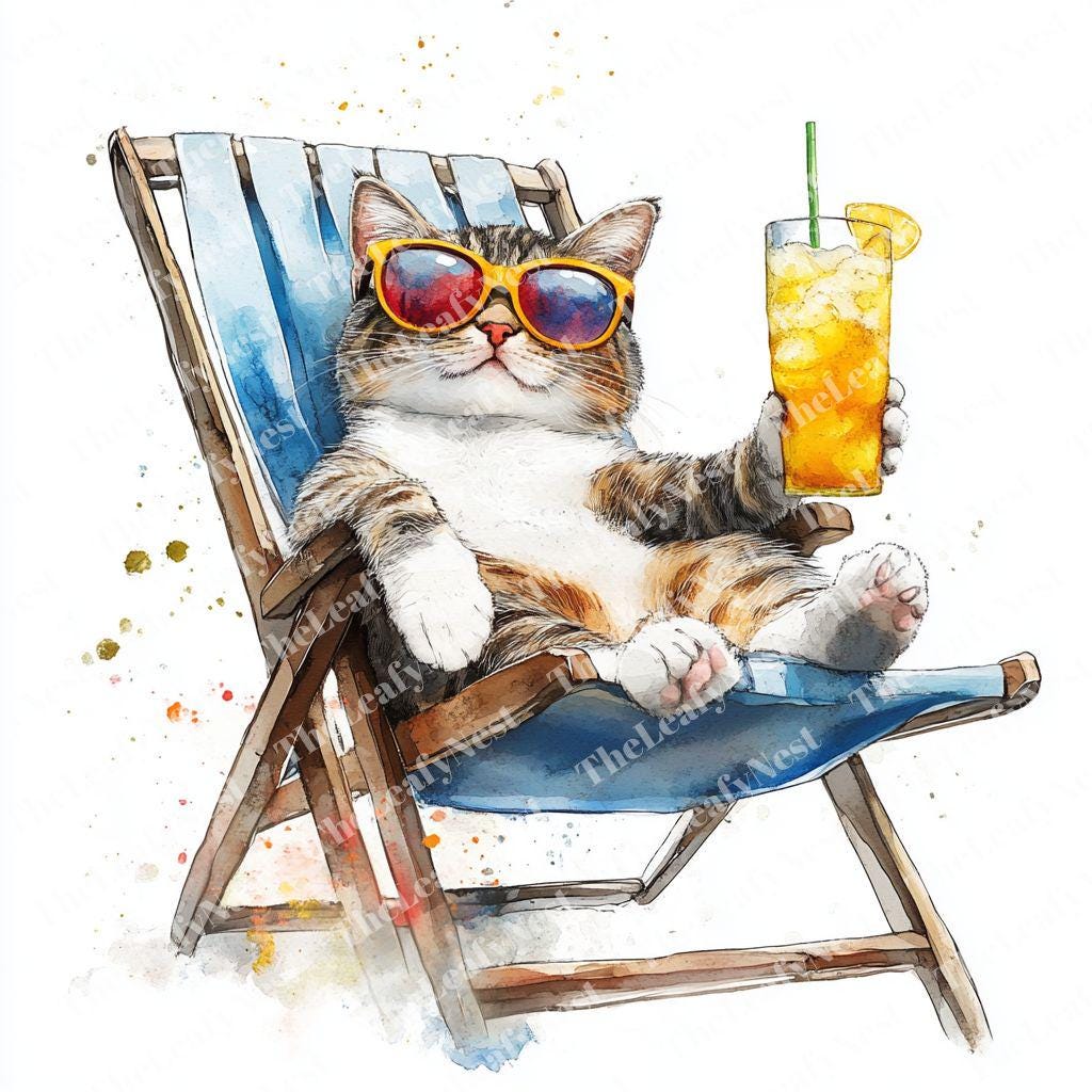 15 Cool Cat chilling on the chair with sunglasses 2,Printable Watercolor clipart, High-Quality JPG,Digital download, Papercraft, Sublimation