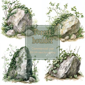 19 Clipart rocher de forêt, Clipart rocher lierre, Clipart Texture bois, aquarelle imprimable, JPG & PNG de haute qualité, Papercraft, Journal de la malbouffe
