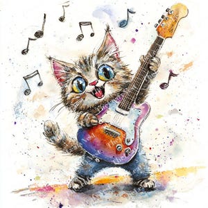 Rockstar Cat Watercolor Clipart: Funny Guitar Kitty JPGs (Digital Download