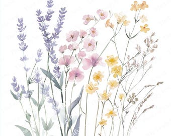18 Pastel Wildflower Clipart, Soft Lavender Meadow Flower Clipart, Printable Watercolor Clipart, High Quality JPG, Digital Download,Journals