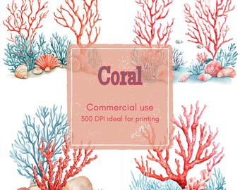 17 tropische koraal clipart, zeeplanten en schelpen clipart, afdrukbare aquarel clipart, hoge kwaliteit jpg's, digitale download, junk Journal