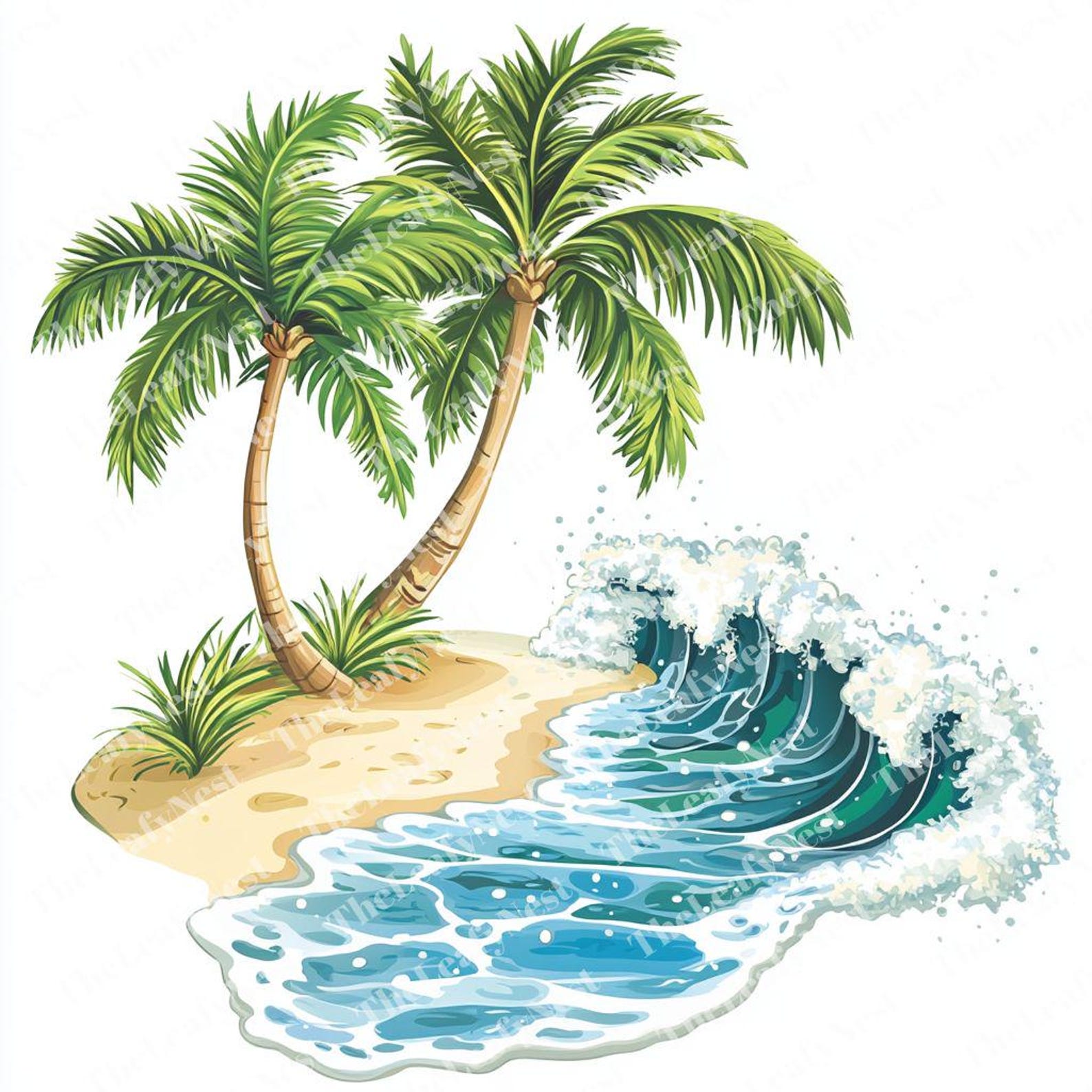 Tropical Beach Clipart: Watercolor Palm Trees, Ocean Waves (JPG & PNG ...