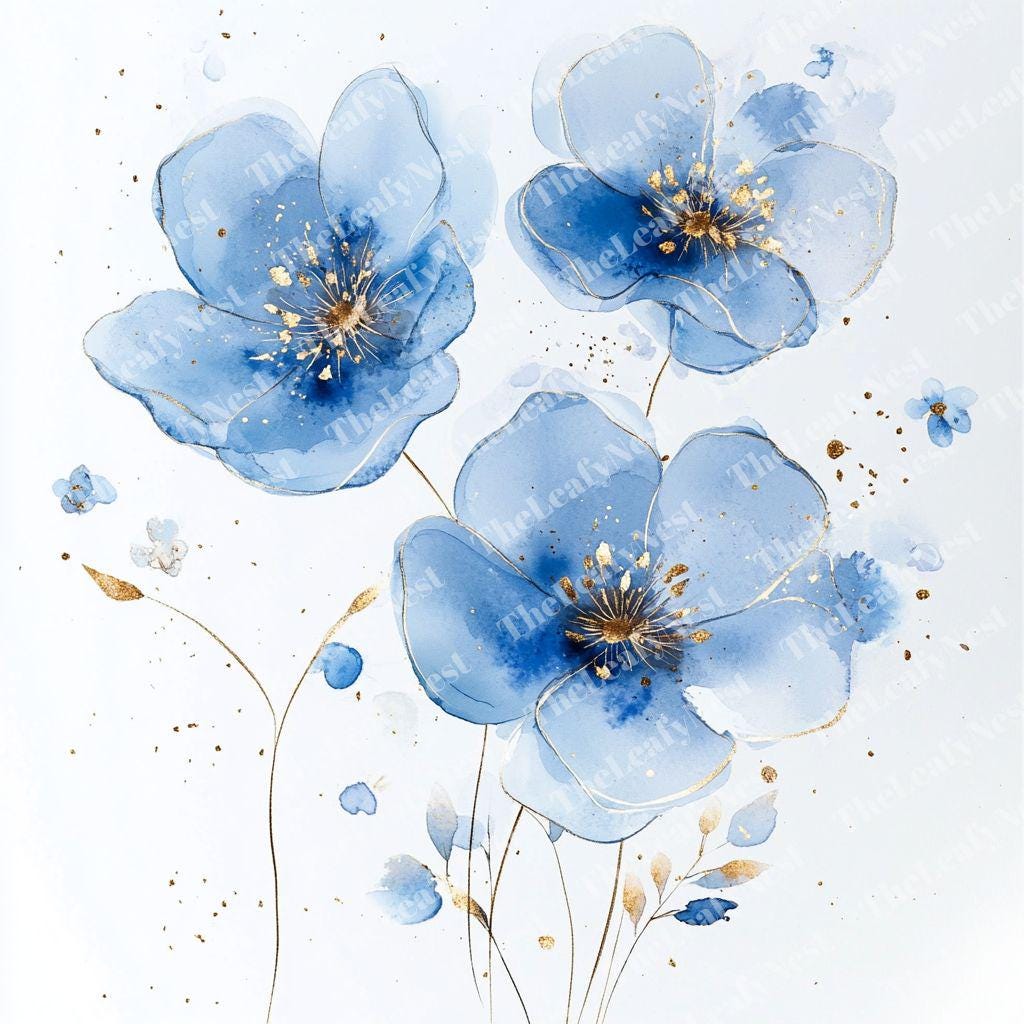 青い花の水彩画クリップアート：ゴールドボタニカルPNG、JPG（デジタル